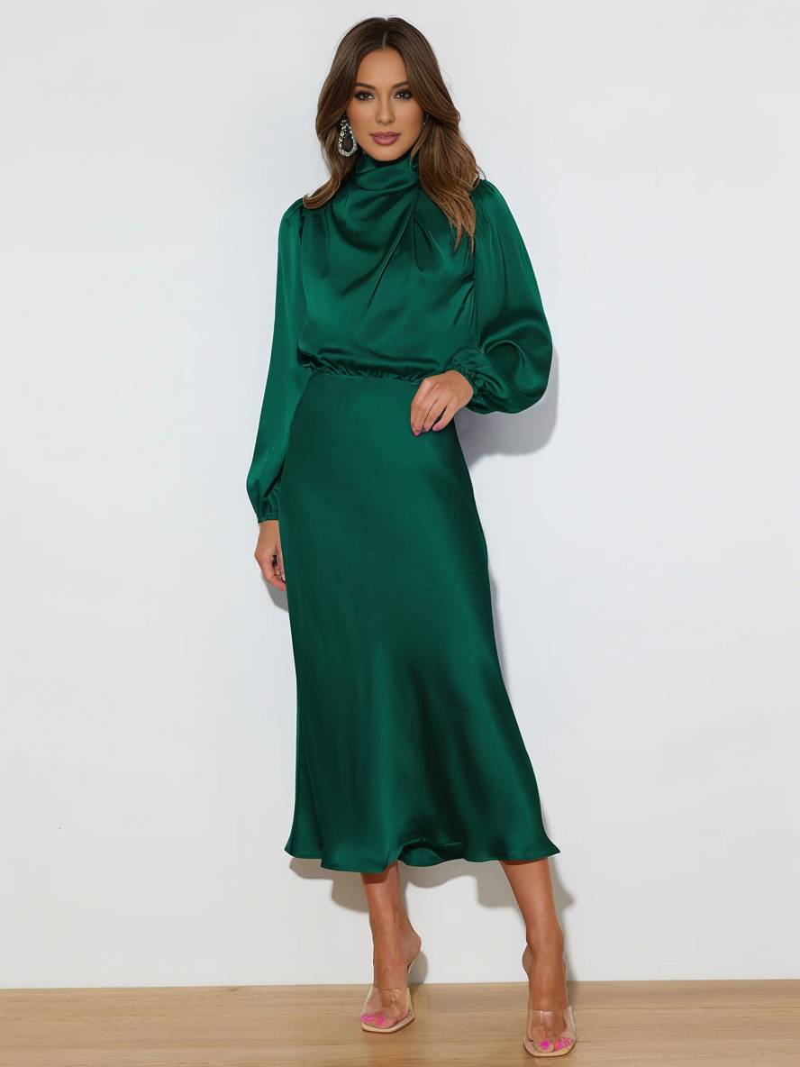 Levoire | Robe En Satin Longue Avec Col Roulé, Manches Longues, Élégante, Invitée De Mariage, Fête, Soirée, Cérémonie Vert foncé