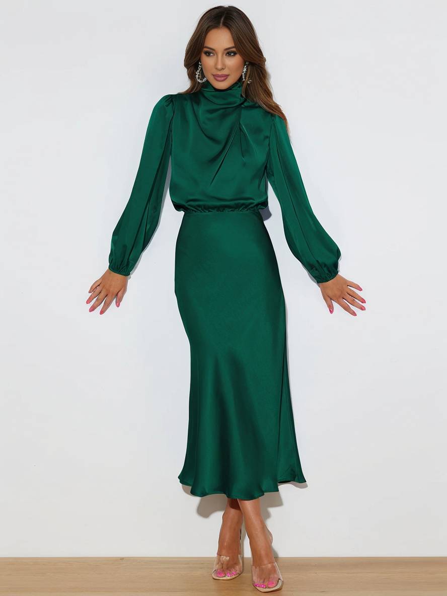 Levoire | Robe En Satin Longue Avec Col Roulé, Manches Longues, Élégante, Invitée De Mariage, Fête, Soirée, Cérémonie