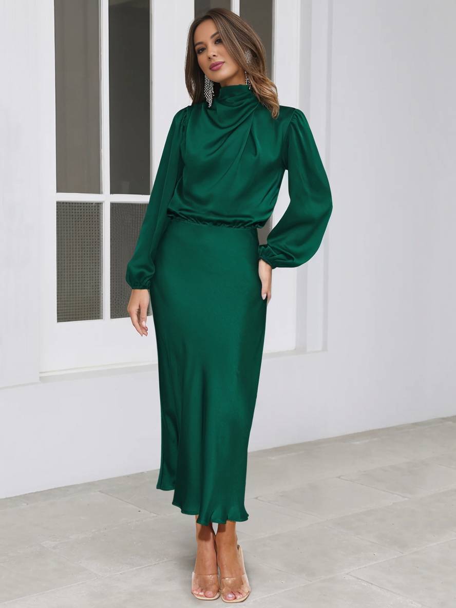 Levoire | Robe En Satin Longue Avec Col Roulé, Manches Longues, Élégante, Invitée De Mariage, Fête, Soirée, Cérémonie