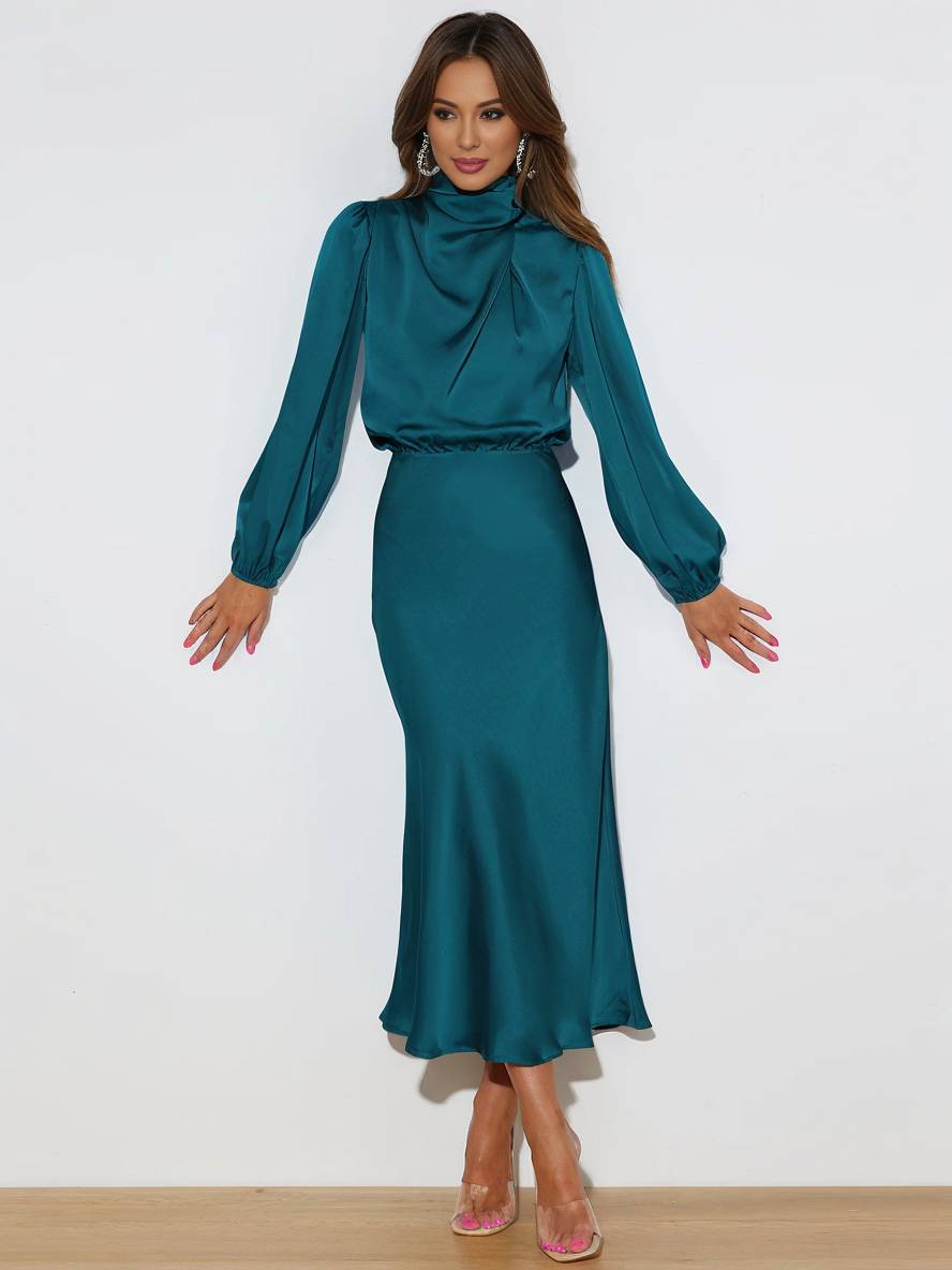Levoire | Robe En Satin Longue Avec Col Roulé, Manches Longues, Élégante, Invitée De Mariage, Fête, Soirée, Cérémonie Vert d'eau
