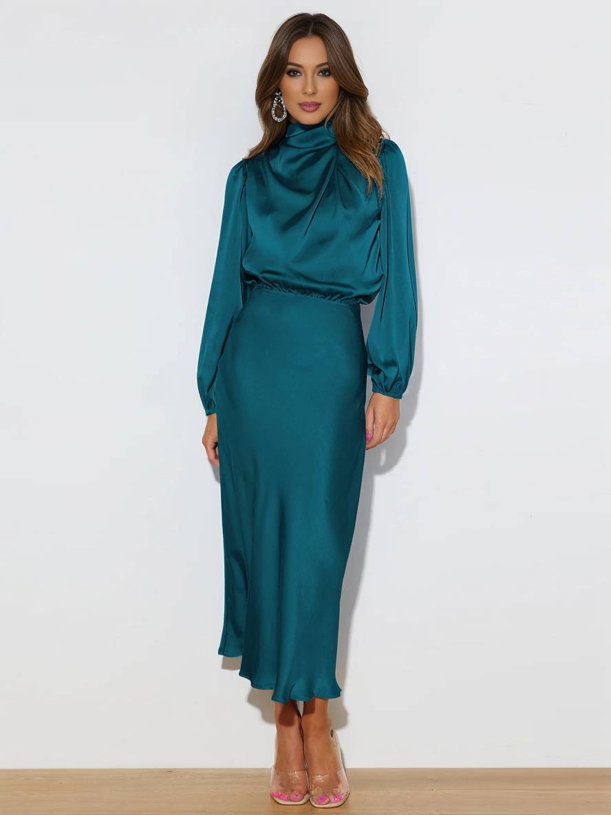 Levoire | Robe En Satin Longue Avec Col Roulé, Manches Longues, Élégante, Invitée De Mariage, Fête, Soirée, Cérémonie