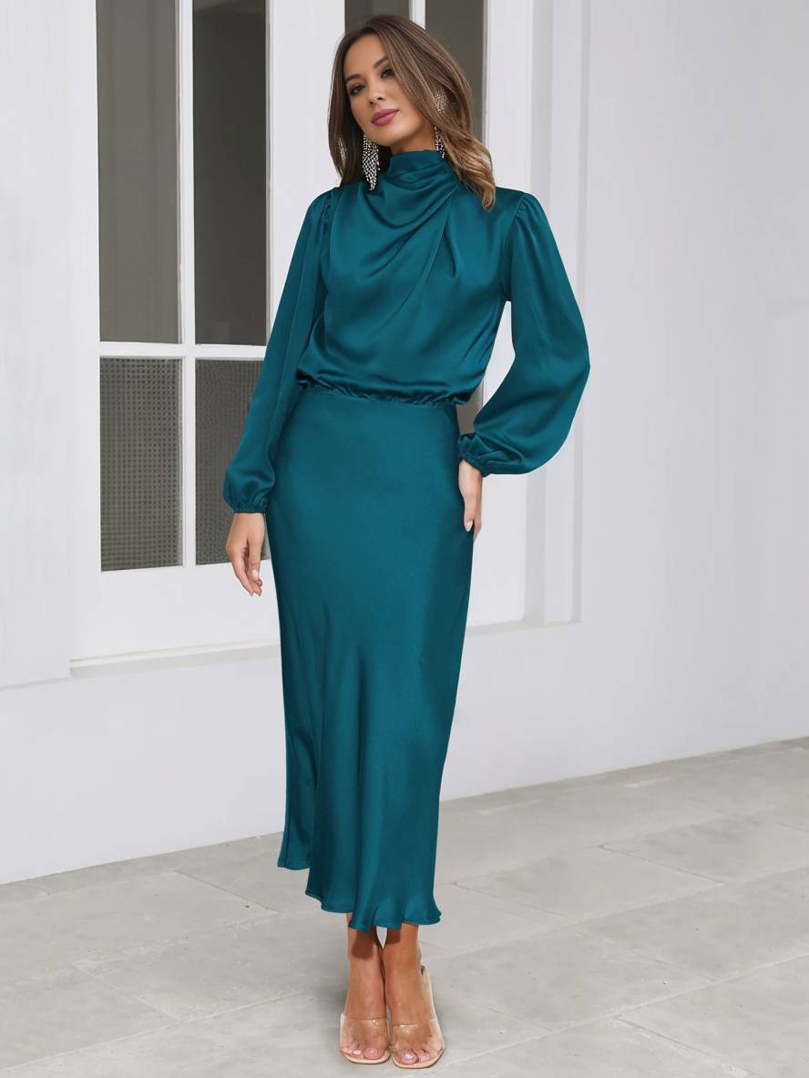 Levoire | Robe En Satin Longue Avec Col Roulé, Manches Longues, Élégante, Invitée De Mariage, Fête, Soirée, Cérémonie
