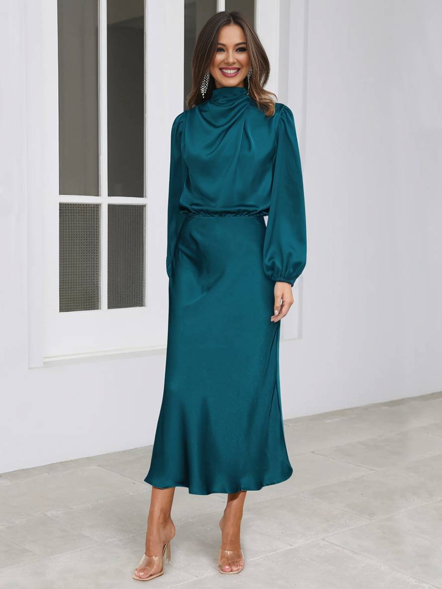 Levoire | Robe En Satin Longue Avec Col Roulé, Manches Longues, Élégante, Invitée De Mariage, Fête, Soirée, Cérémonie