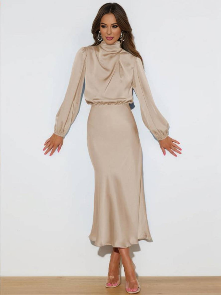 Levoire | Robe En Satin Longue Avec Col Roulé, Manches Longues, Élégante, Invitée De Mariage, Fête, Soirée, Cérémonie Abricot