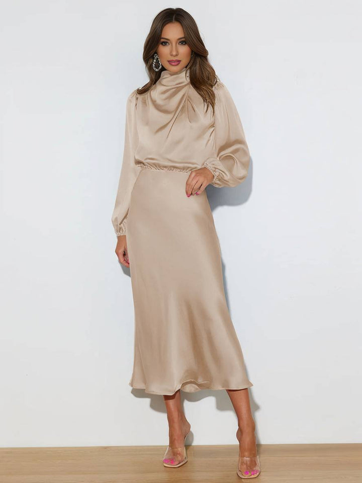 Levoire | Robe En Satin Longue Avec Col Roulé, Manches Longues, Élégante, Invitée De Mariage, Fête, Soirée, Cérémonie