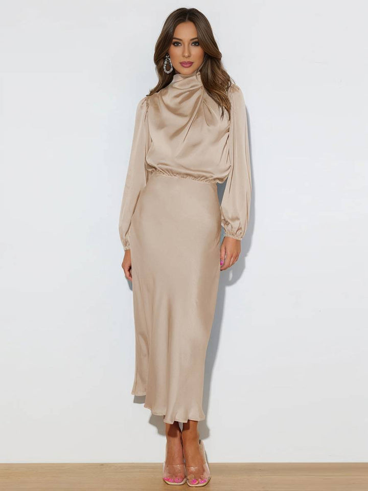 Levoire | Robe En Satin Longue Avec Col Roulé, Manches Longues, Élégante, Invitée De Mariage, Fête, Soirée, Cérémonie