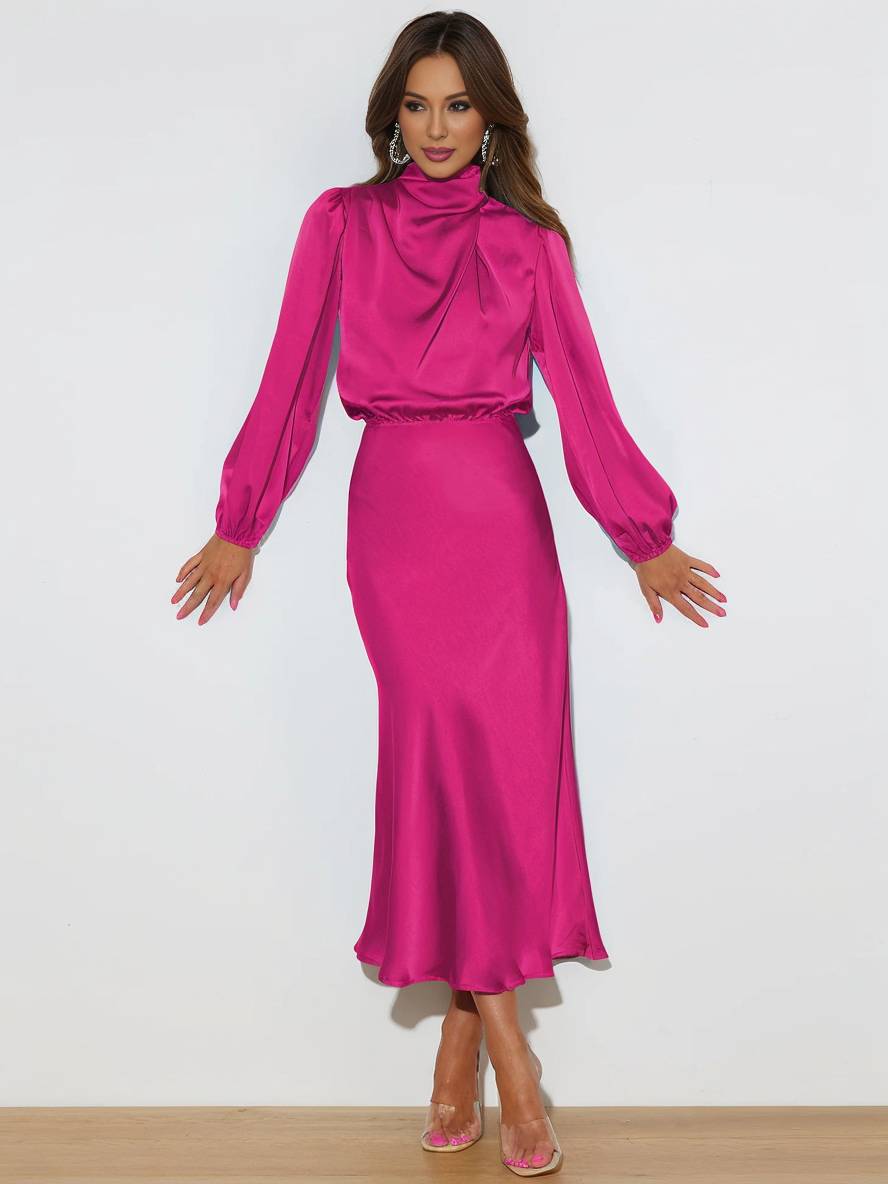 Levoire | Robe En Satin Longue Avec Col Roulé, Manches Longues, Élégante, Invitée De Mariage, Fête, Soirée, Cérémonie Framboise