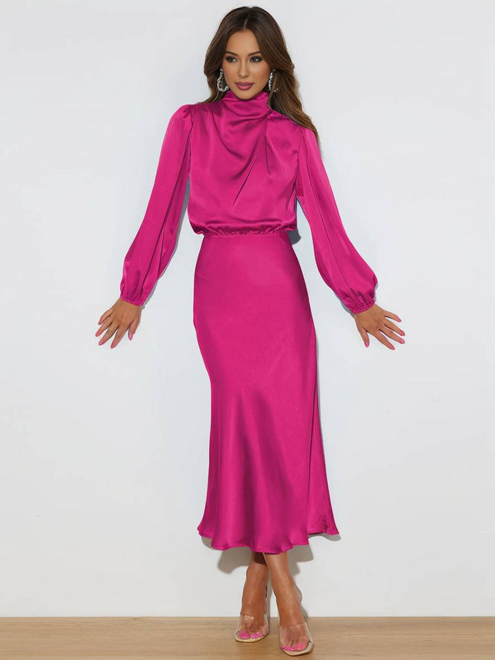 Levoire | Robe En Satin Longue Avec Col Roulé, Manches Longues, Élégante, Invitée De Mariage, Fête, Soirée, Cérémonie Framboise