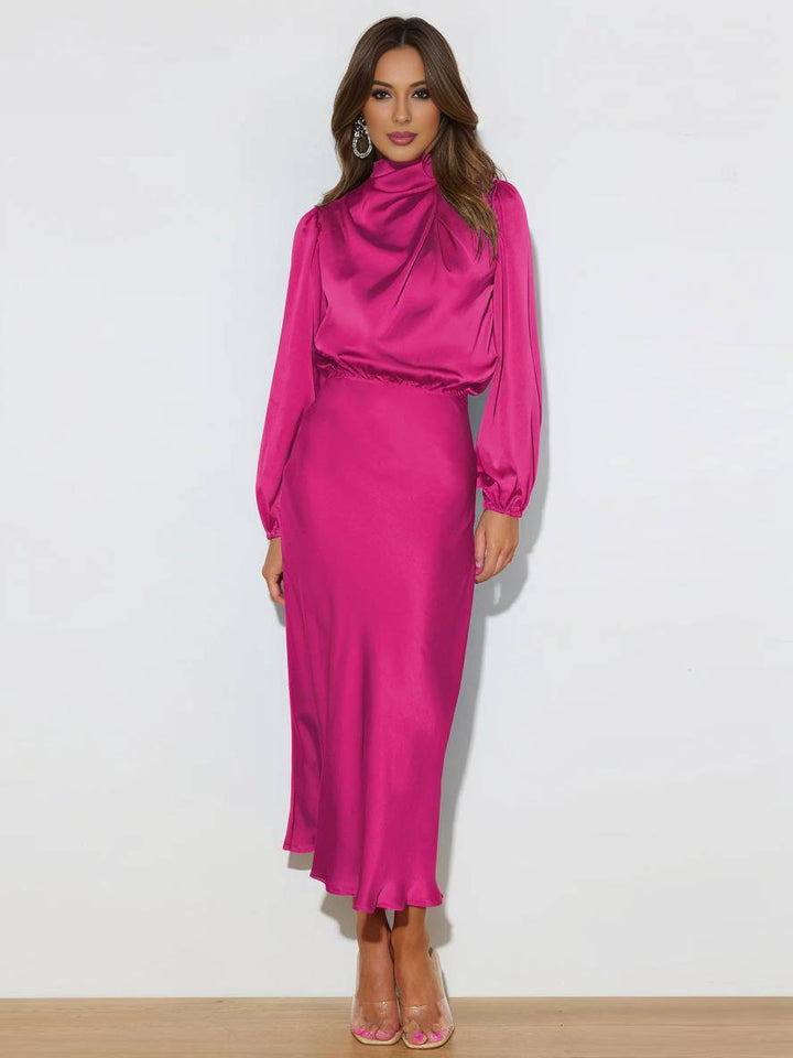 Levoire | Robe En Satin Longue Avec Col Roulé, Manches Longues, Élégante, Invitée De Mariage, Fête, Soirée, Cérémonie