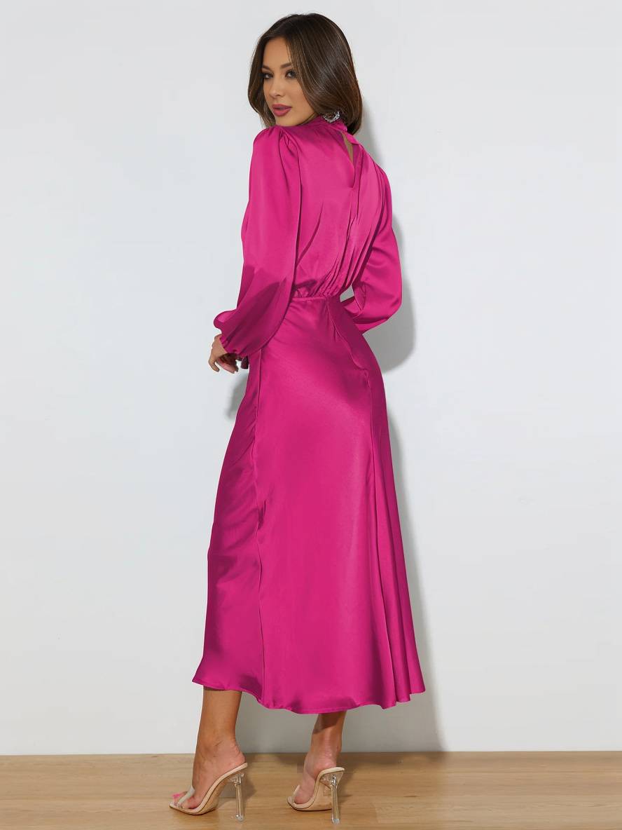 Levoire | Robe En Satin Longue Avec Col Roulé, Manches Longues, Élégante, Invitée De Mariage, Fête, Soirée, Cérémonie