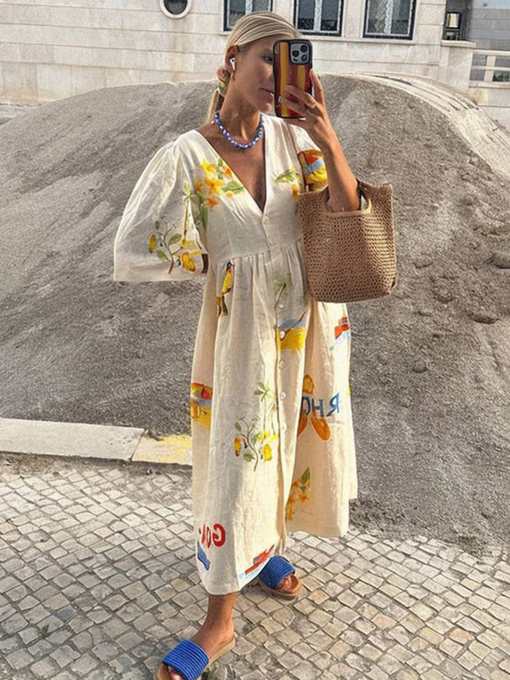 Levoire | Robe Longue En Lin Imprimé Unique Décolleté En V Patte De Boutonnage Manches Bouffantes Manches Courtes Femme Décontractée Ample Été Casual Abricot