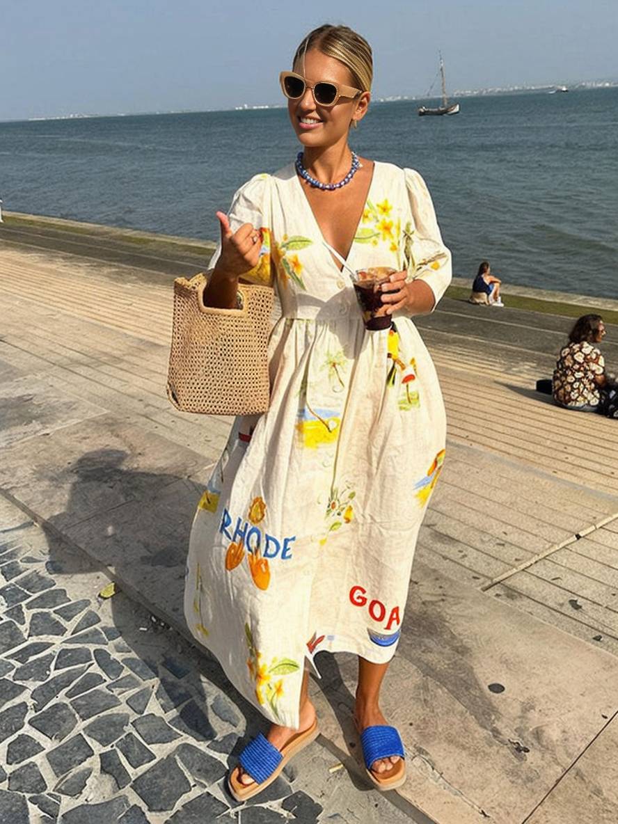 Levoire | Robe Longue En Lin Imprimé Unique Décolleté En V Patte De Boutonnage Manches Bouffantes Manches Courtes Femme Décontractée Ample Été Casual