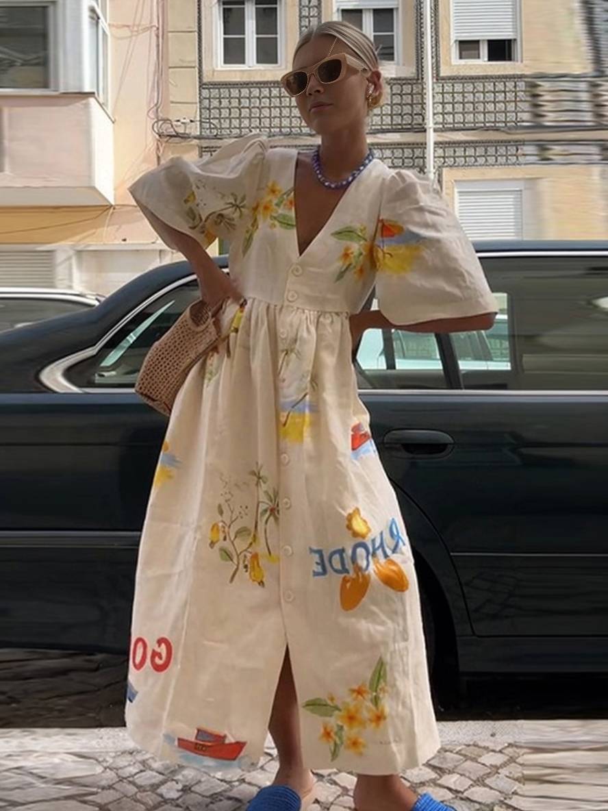 Levoire | Robe Longue En Lin Imprimé Unique Décolleté En V Patte De Boutonnage Manches Bouffantes Manches Courtes Femme Décontractée Ample Été Casual