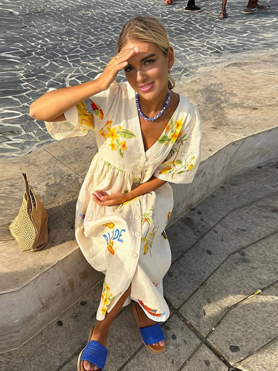 Levoire | Robe Longue En Lin Imprimé Unique Décolleté En V Patte De Boutonnage Manches Bouffantes Manches Courtes Femme Décontractée Ample Été Casual