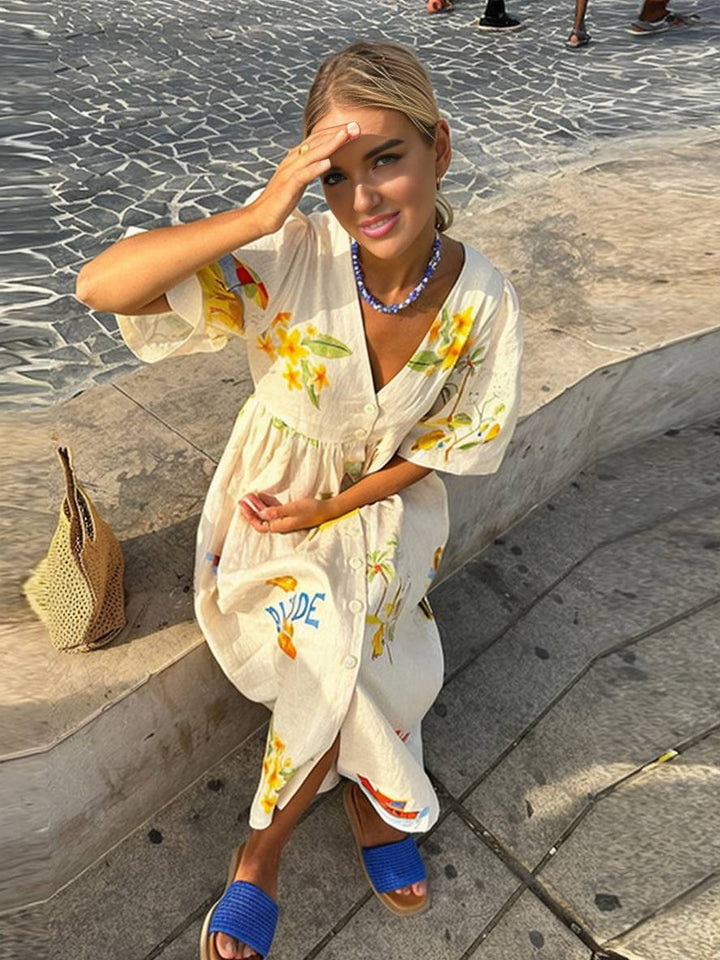 Levoire | Robe Longue En Lin Imprimé Unique Décolleté En V Patte De Boutonnage Manches Bouffantes Manches Courtes Femme Décontractée Ample Été Casual