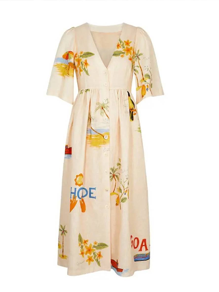 Levoire | Robe Longue En Lin Imprimé Unique Décolleté En V Patte De Boutonnage Manches Bouffantes Manches Courtes Femme Décontractée Ample Été Casual