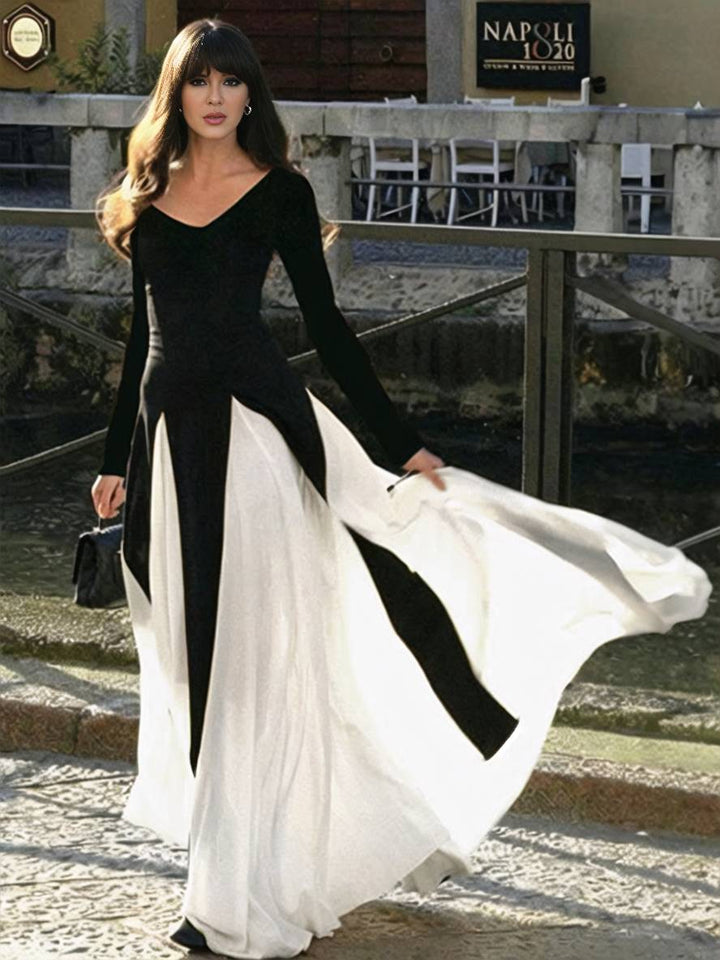 Levoire | Robe Blanche Noire À Décolleté En V À Manches Longues Pour Femme, Décontractée, Élégante, Bal De Fin D'Année, Cérémonie Noir