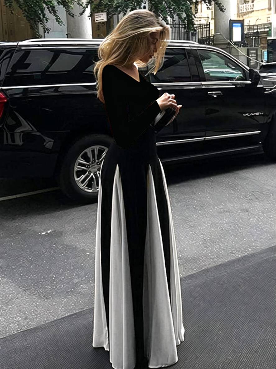Levoire | Robe Blanche Noire À Décolleté En V À Manches Longues Pour Femme, Décontractée, Élégante, Bal De Fin D'Année, Cérémonie