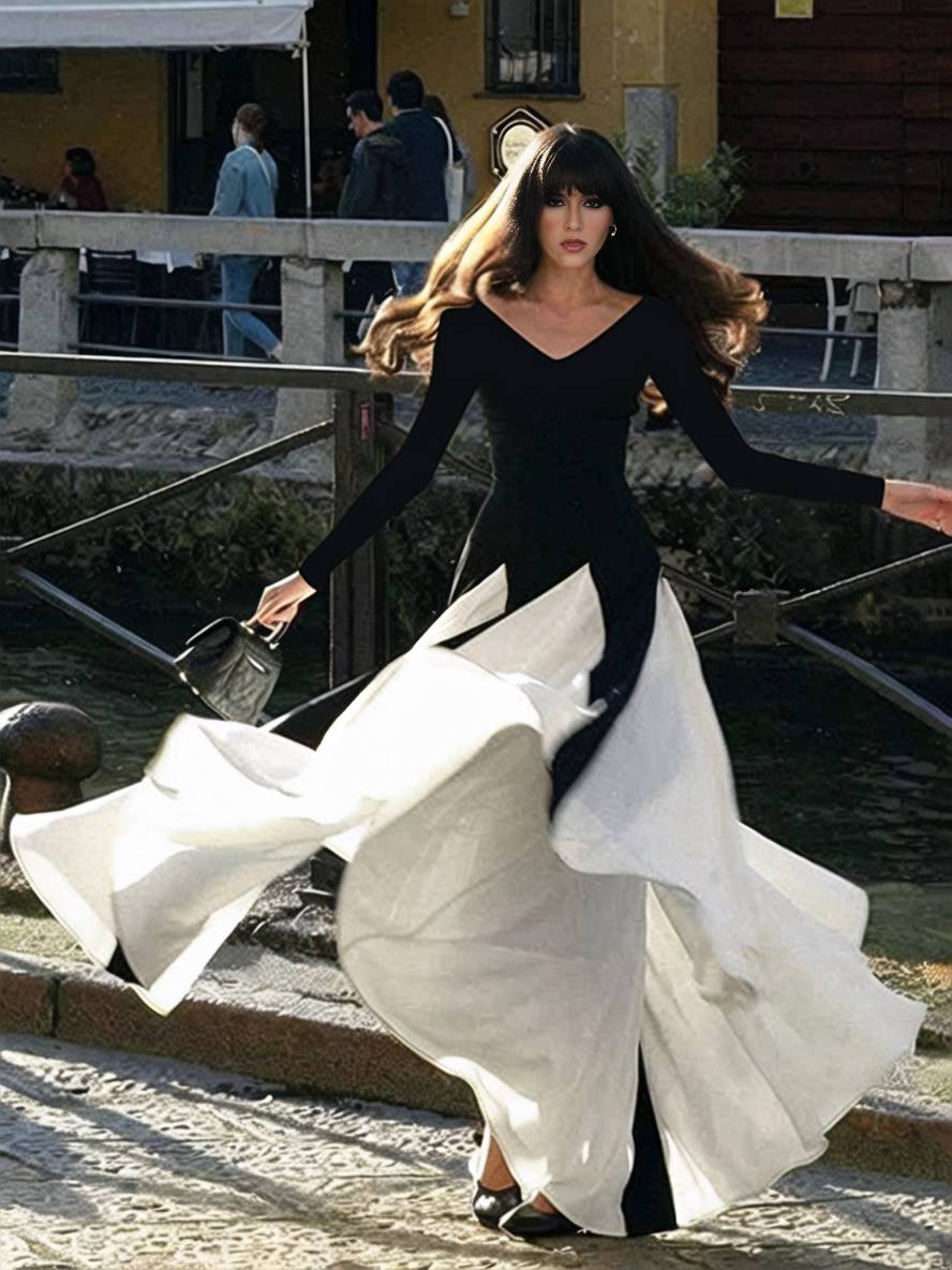 Levoire | Robe Blanche Noire À Décolleté En V À Manches Longues Pour Femme, Décontractée, Élégante, Bal De Fin D'Année, Cérémonie