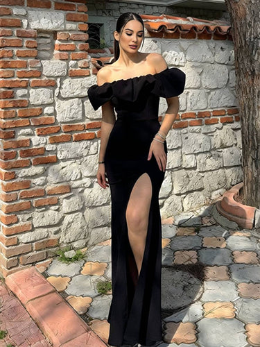 Levoire | Robe Bodycon Longue Découpe Bottes Fente Sur Le Côté Dos Nu Manches Courtes Femmes Élégante Soirée Bal Bal De Fin D'Année
