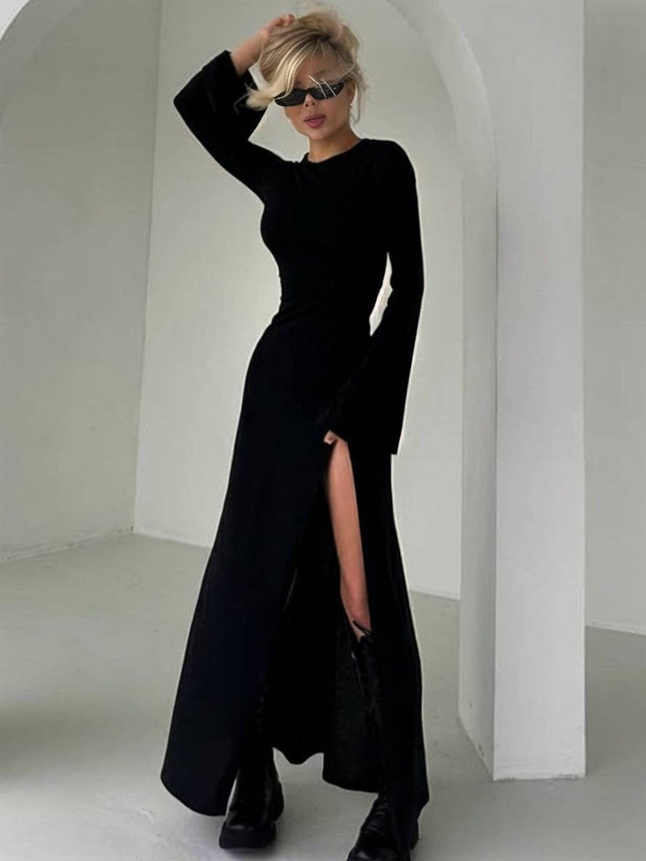 Levoire | Robe Longue Simple Avec Fente Sur Le Côté, Col Rond, Manches En Trompette, Manches Longues, Élégant, Bal De Fin D'Année