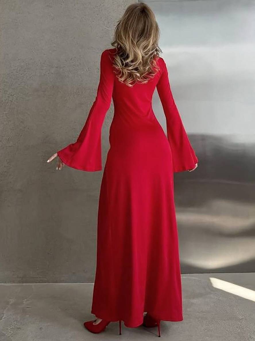 Levoire | Robe Longue Simple Avec Fente Sur Le Côté, Col Rond, Manches En Trompette, Manches Longues, Élégant, Bal De Fin D'Année
