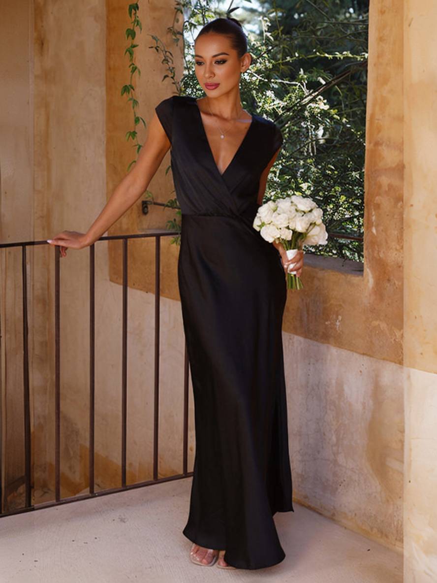 Levoire | Robe En Satin Demoiselle D'Honneur Coupe Sirène Décolleté En V Manches Courtes Robe De Soirée Élégante Pour Mariage Noir