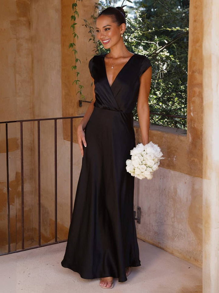 Levoire | Robe En Satin Demoiselle D'Honneur Coupe Sirène Décolleté En V Manches Courtes Robe De Soirée Élégante Pour Mariage