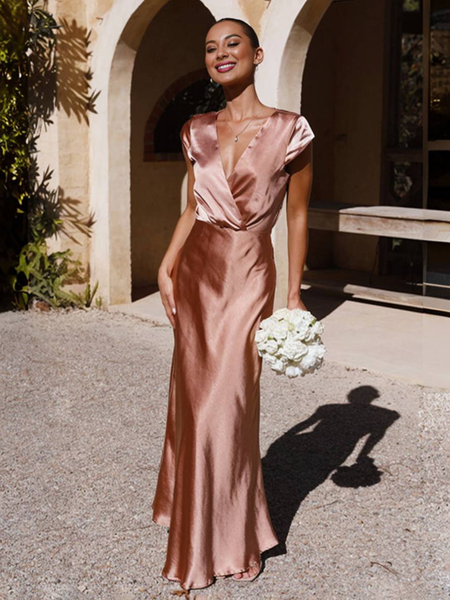 Levoire | Robe En Satin Demoiselle D'Honneur Coupe Sirène Décolleté En V Manches Courtes Robe De Soirée Élégante Pour Mariage