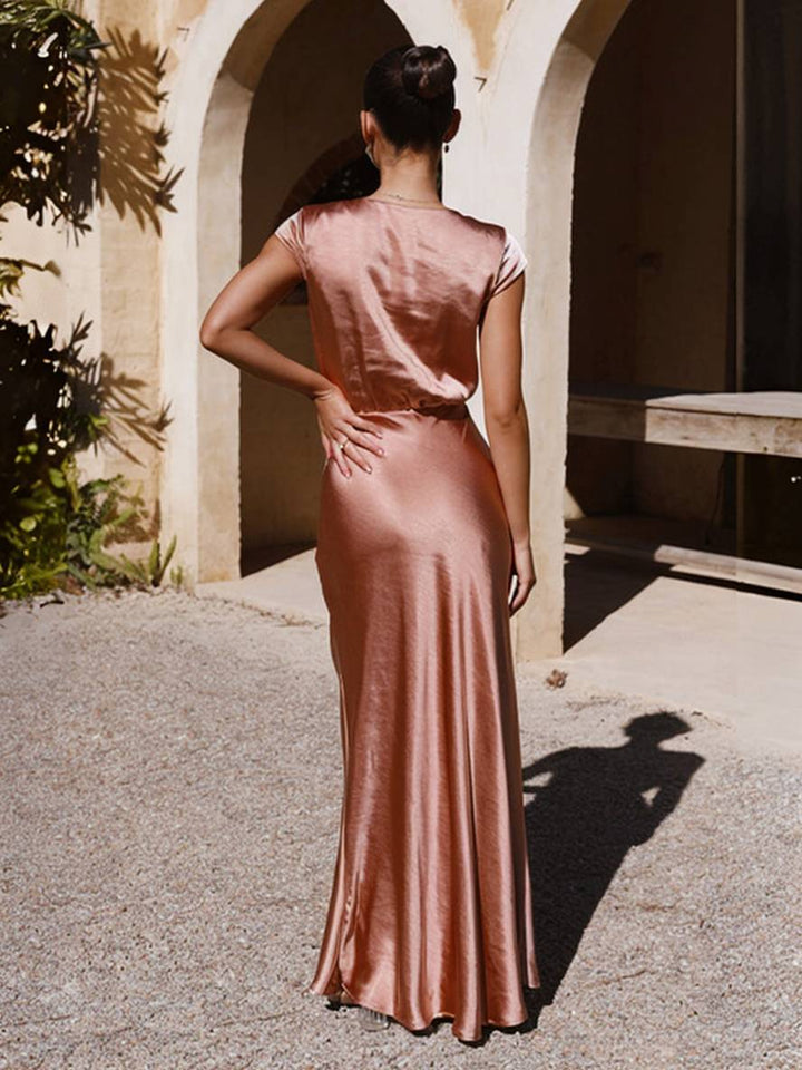 Levoire | Robe En Satin Demoiselle D'Honneur Coupe Sirène Décolleté En V Manches Courtes Robe De Soirée Élégante Pour Mariage