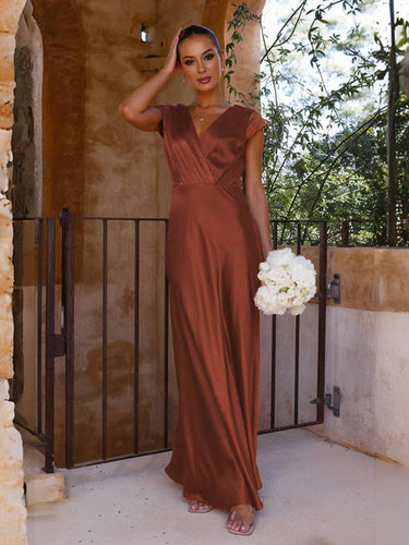 Levoire | Robe En Satin Demoiselle D'Honneur Coupe Sirène Décolleté En V Manches Courtes Robe De Soirée Élégante Pour Mariage