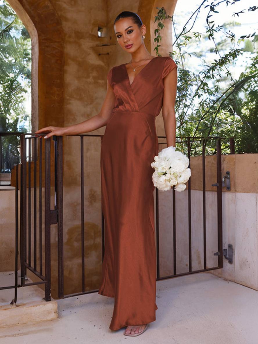 Levoire | Robe En Satin Demoiselle D'Honneur Coupe Sirène Décolleté En V Manches Courtes Robe De Soirée Élégante Pour Mariage