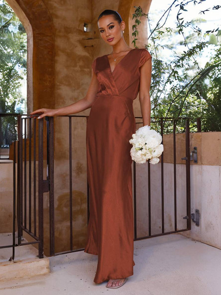 Levoire | Robe En Satin Demoiselle D'Honneur Coupe Sirène Décolleté En V Manches Courtes Robe De Soirée Élégante Pour Mariage