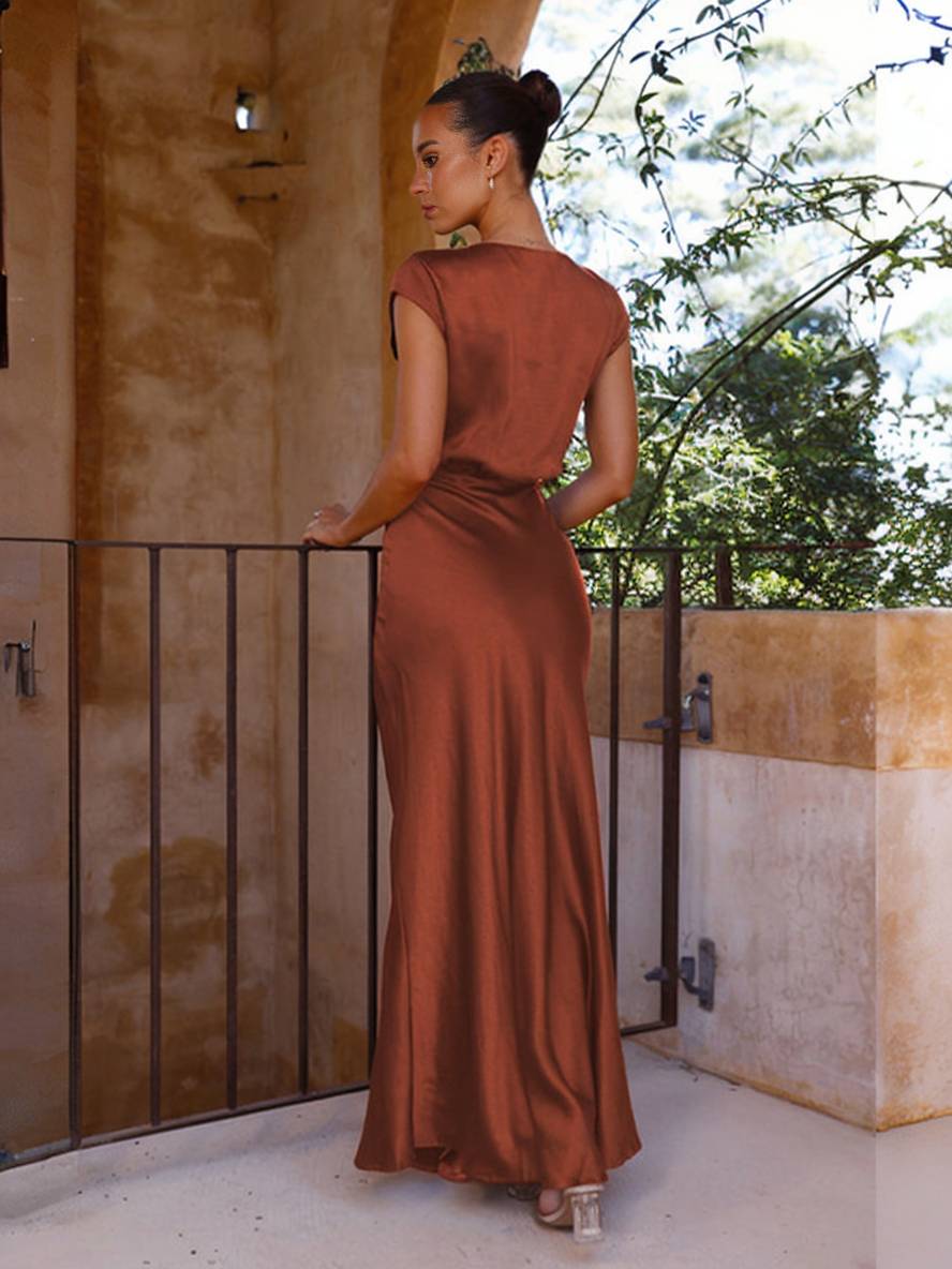 Levoire | Robe En Satin Demoiselle D'Honneur Coupe Sirène Décolleté En V Manches Courtes Robe De Soirée Élégante Pour Mariage