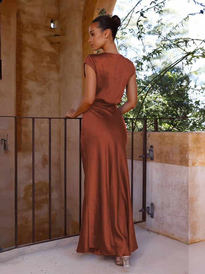 Levoire | Robe En Satin Demoiselle D'Honneur Coupe Sirène Décolleté En V Manches Courtes Robe De Soirée Élégante Pour Mariage