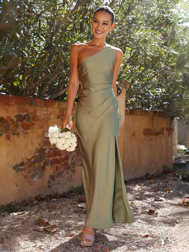 Levoire | Robe Demoiselle D'Honneur En Satin Ajustée Avec Fente Sur Le Côté Une Épaule Sans Manches Robe De Soirée Élégante Pour Mariage