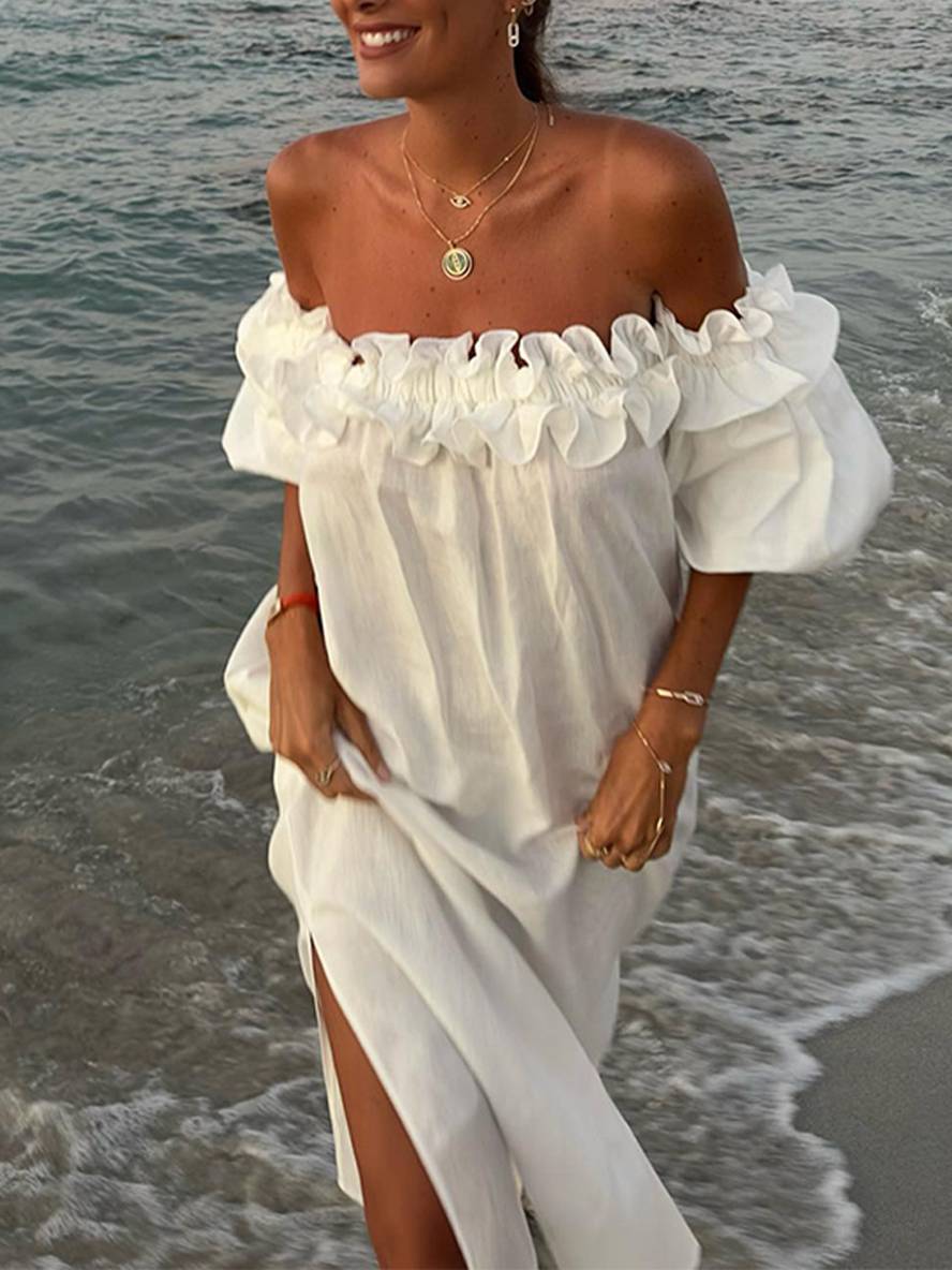 Levoire | Robe Longue À Encolure En U Fente Latérale Manches Bouffantes Manches Courtes Femme Décontractée Ample Plage Blanc