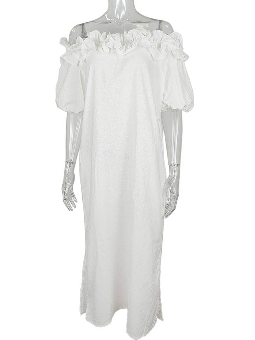 Levoire | Robe Longue À Encolure En U Fente Latérale Manches Bouffantes Manches Courtes Femme Décontractée Ample Plage
