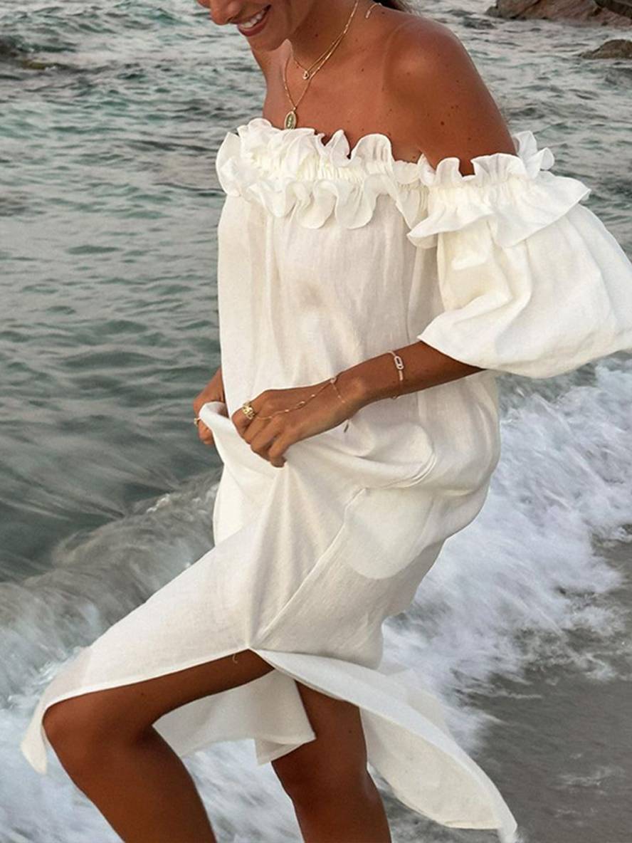 Levoire | Robe Longue À Encolure En U Fente Latérale Manches Bouffantes Manches Courtes Femme Décontractée Ample Plage