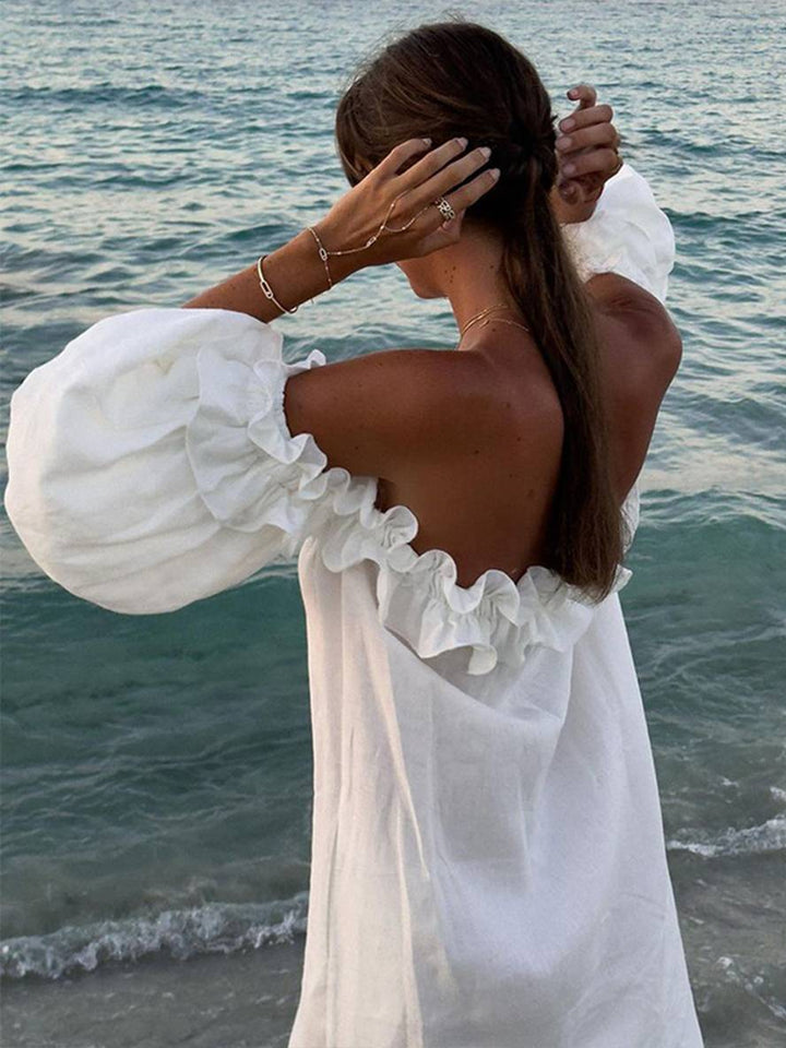 Levoire | Robe Longue À Encolure En U Fente Latérale Manches Bouffantes Manches Courtes Femme Décontractée Ample Plage
