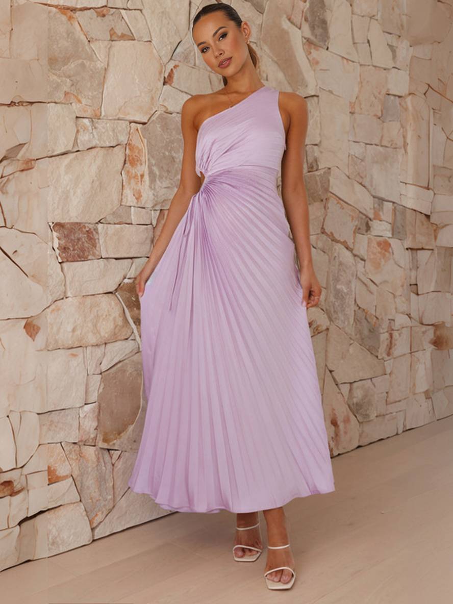 Levoire | Robe Trapèze Plissée Longue À Une Épaule Sans Manches Pour Femmes Élégante Bal Prom Invité Mariage Cocktail Lilas