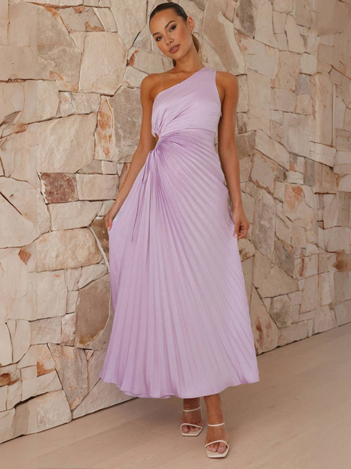 Levoire | Robe Trapèze Plissée Longue À Une Épaule Sans Manches Pour Femmes Élégante Bal Prom Invité Mariage Cocktail Lilas