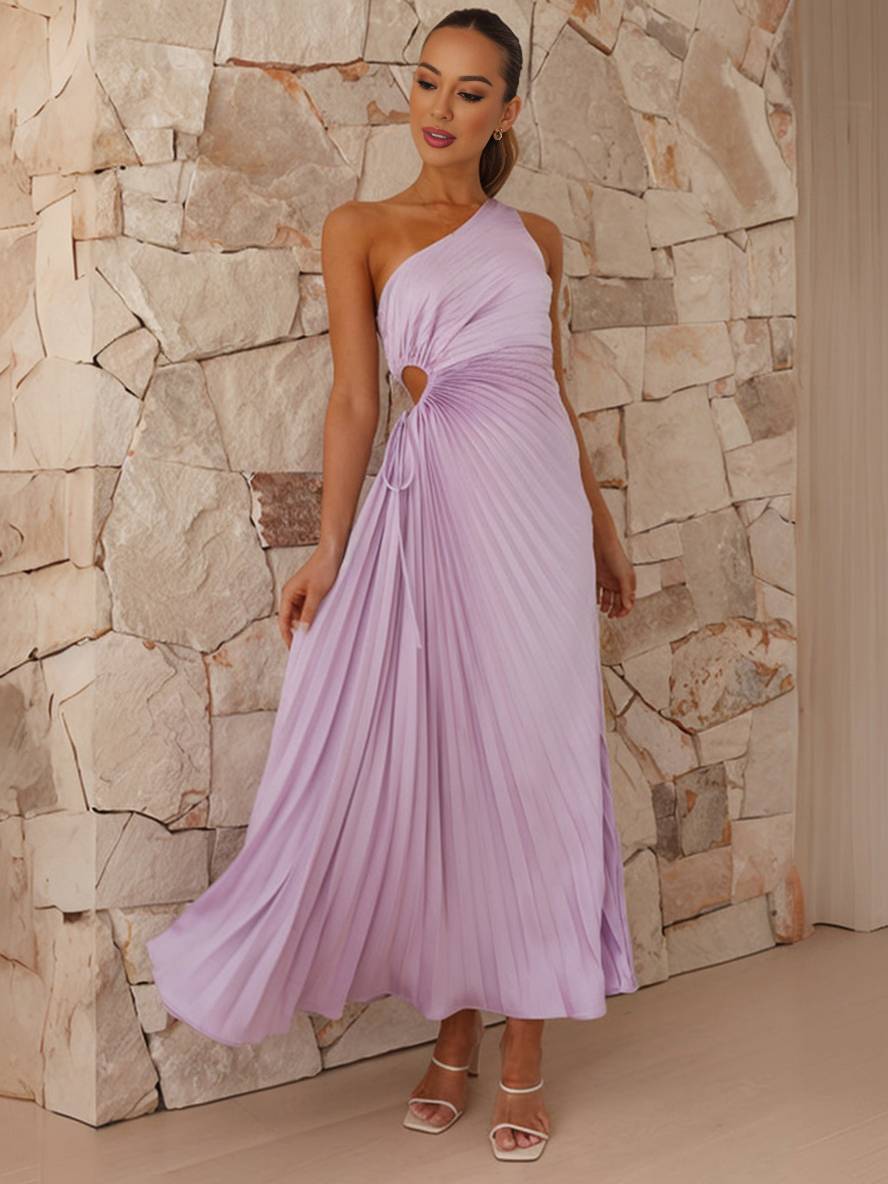 Levoire | Robe Trapèze Plissée Longue À Une Épaule Sans Manches Pour Femmes Élégante Bal Prom Invité Mariage Cocktail
