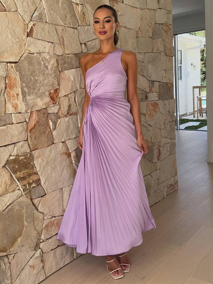 Levoire | Robe Trapèze Plissée Longue À Une Épaule Sans Manches Pour Femmes Élégante Bal Prom Invité Mariage Cocktail