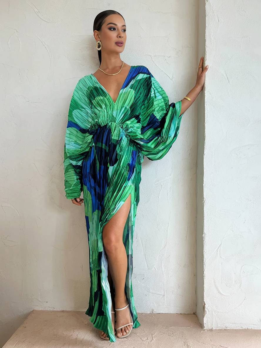 Levoire | Robe Tropicale Longue Avec Fente Plissé Décolleté En V Manches Chauve-Souris Manches Longues Dames Ample Décontracté Vintage Vert