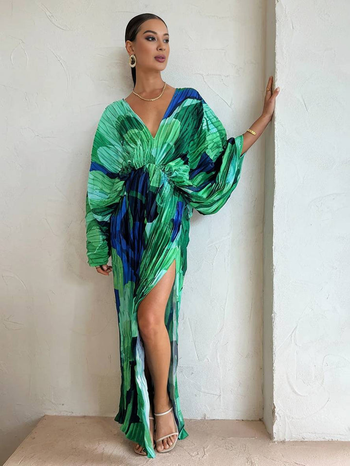 Levoire | Robe Tropicale Longue Avec Fente Plissé Décolleté En V Manches Chauve-Souris Manches Longues Dames Ample Décontracté Vintage Vert