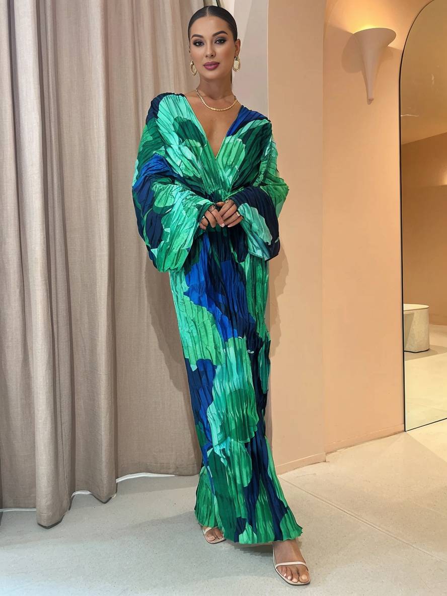 Levoire | Robe Tropicale Longue Avec Fente Plissé Décolleté En V Manches Chauve-Souris Manches Longues Dames Ample Décontracté Vintage