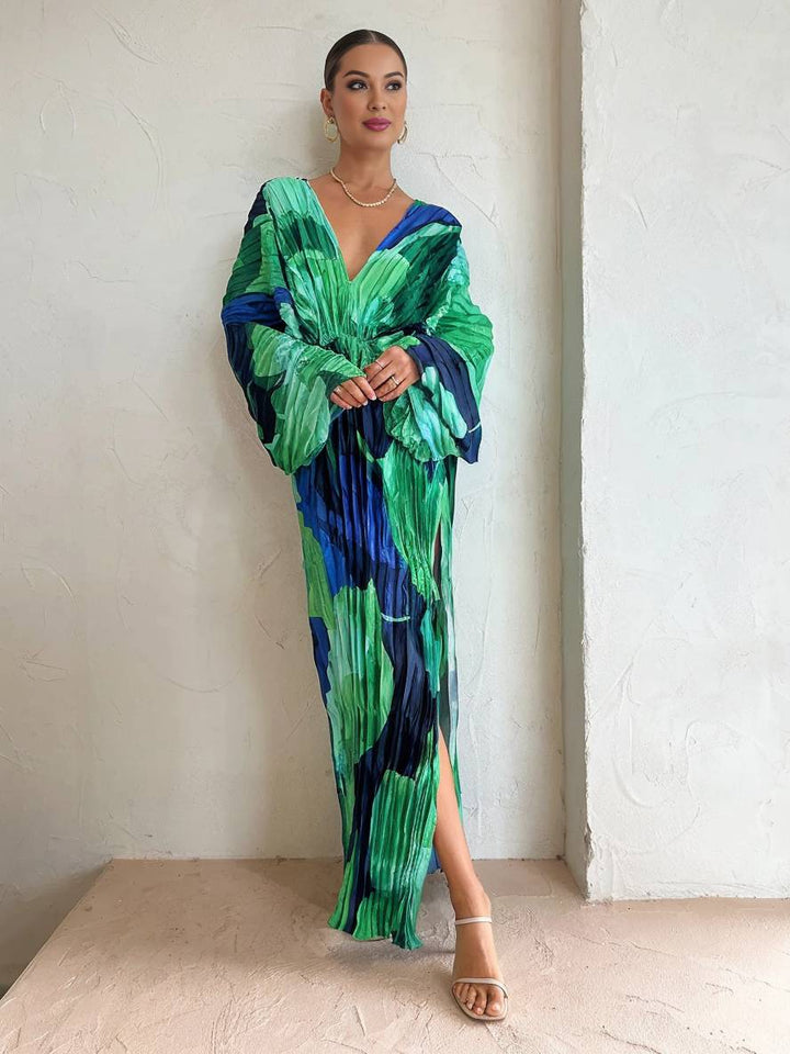 Levoire | Robe Tropicale Longue Avec Fente Plissé Décolleté En V Manches Chauve-Souris Manches Longues Dames Ample Décontracté Vintage