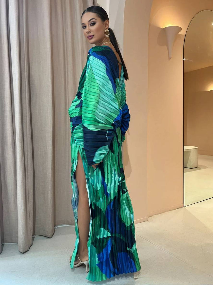 Levoire | Robe Tropicale Longue Avec Fente Plissé Décolleté En V Manches Chauve-Souris Manches Longues Dames Ample Décontracté Vintage