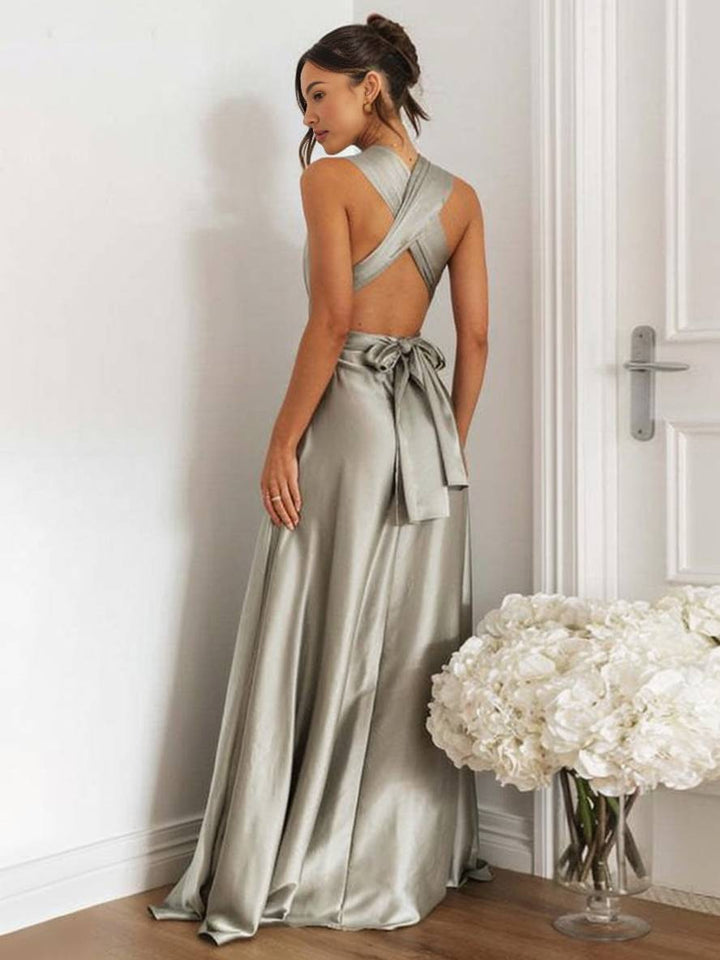 Levoire | Robe Demoiselle D'Honneur Bandeau Dos Nu Collier Sans Manches Élégante Robe De Soirée Pour Mariage Rural